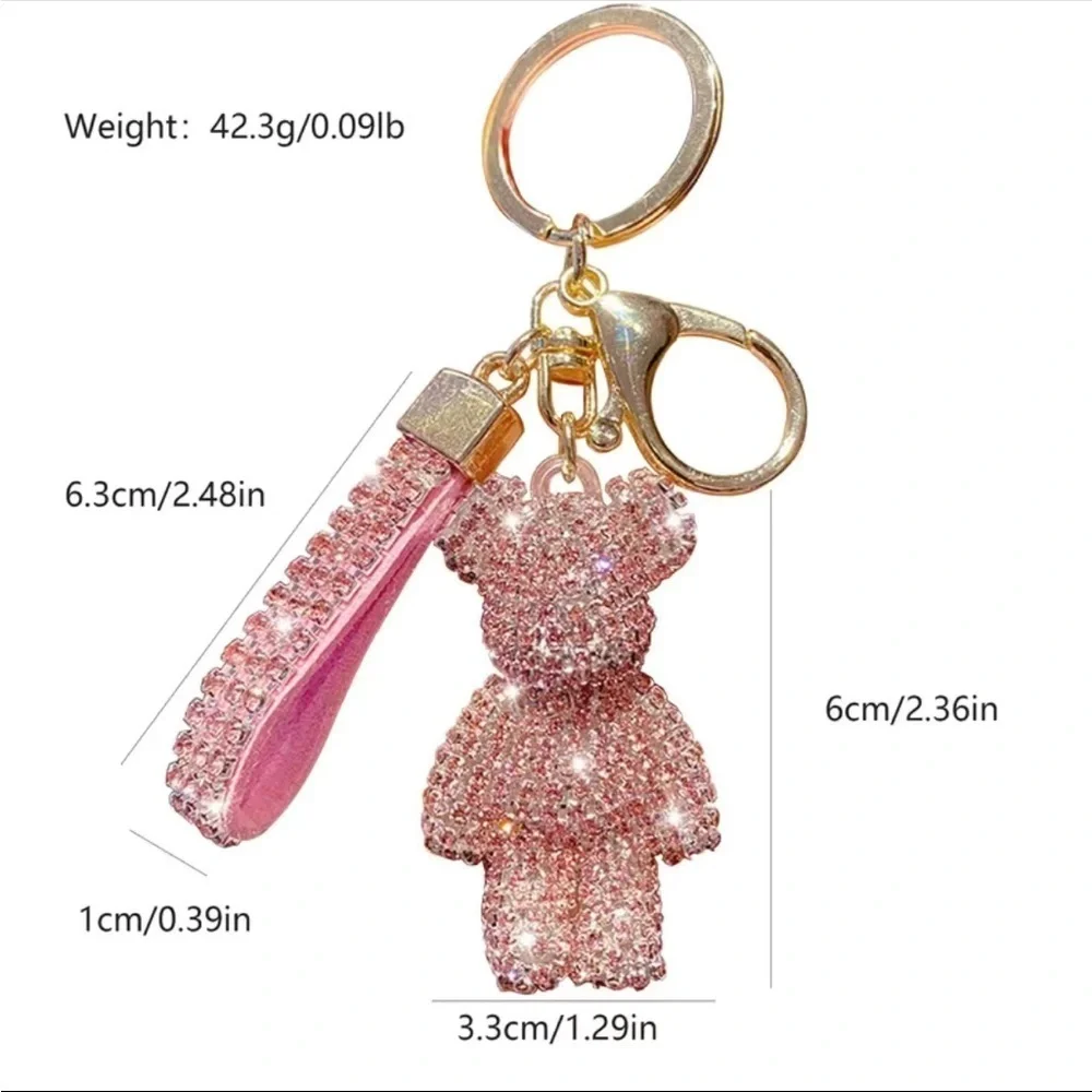 Pink & Gold Rhinestone Teddy Bear Keychain for Wallet,Backpack,Purse